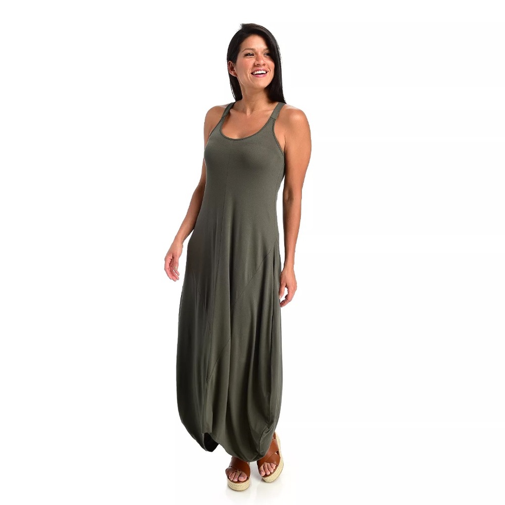 Women’s Indigo Thread Co Olive Knit Sleeveless Side Drape Sharkbite Maxi Dress